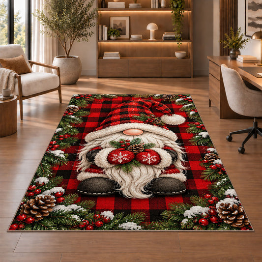 gnome on buffalo plaid rug in a home office with wooden shelves