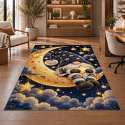 gnome sitting on the crescent moon rug in a home office with wooden shelves