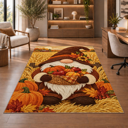 Thanksgiving harvest gnome rug in a home office with wooden shelves