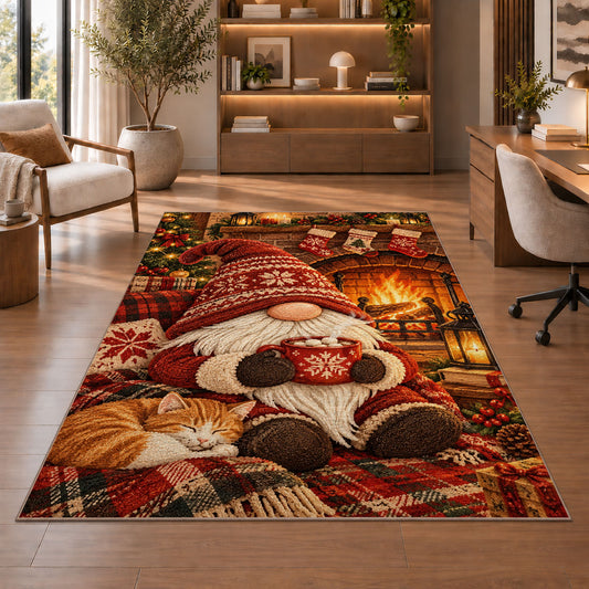 gnome by the fireplace rug in a home office with wooden shelves
