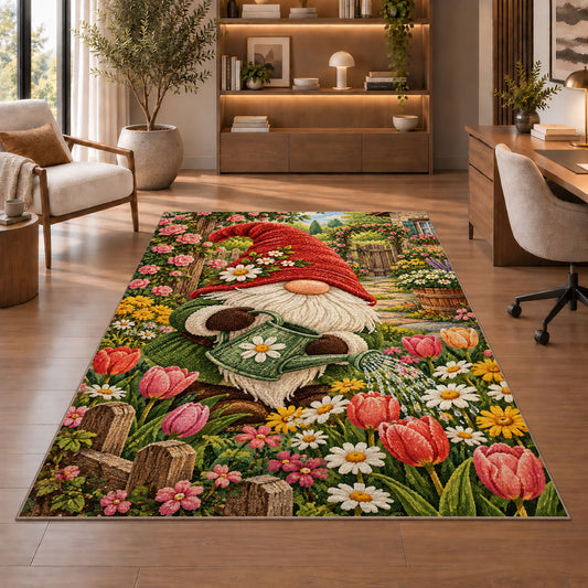 gnome watering tulips rug in a home office with wooden shelves
