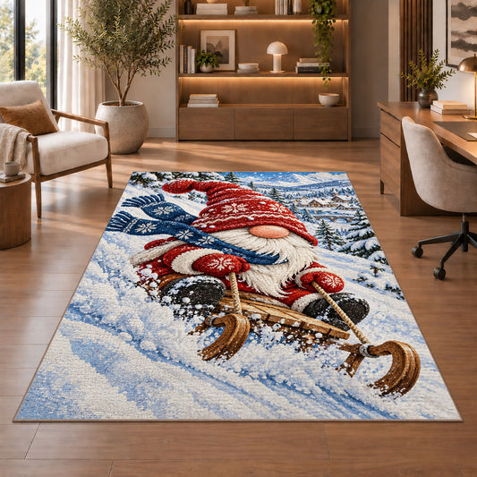 gnome sledding down a snowy hill rug in a home office with wooden shelves