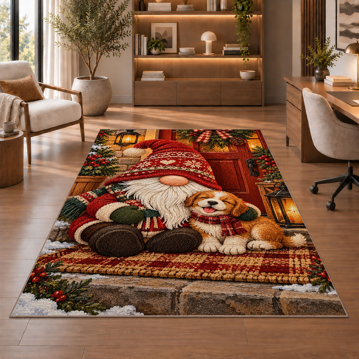 gnome and puppy on the porch rug in a home office with wooden shelves
