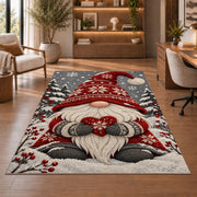 Nordic gnome holding a heart rug in a home office with wooden shelves