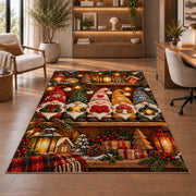 row of gnomes on a shelf rug in a home office with wooden shelves
