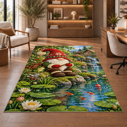 gnome fishing at a pond rug in a home office with wooden shelves
