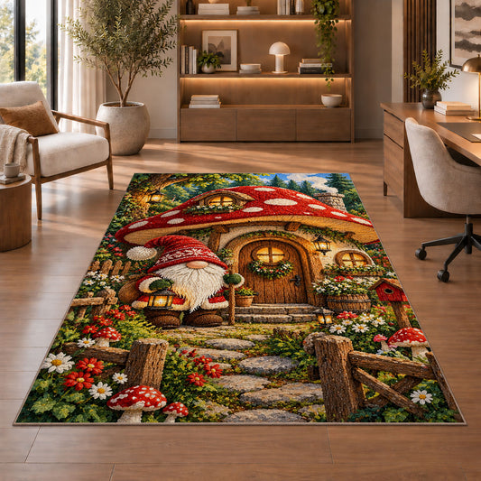 gnome at a mushroom house rug in a home office with wooden shelves