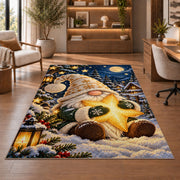 gnome hugging a golden star rug in a home office with wooden shelves