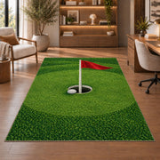 Golf hole and flag rug in a home office with wooden shelves