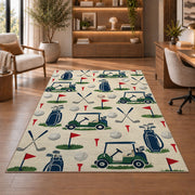 Golf icons pattern rug in a home office with wooden shelves