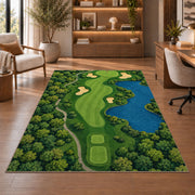 Golf course map rug in a home office with wooden shelves