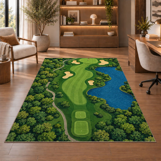 Golf course map rug in a home office with wooden shelves