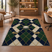 Golf argyle rug in a home office with wooden shelves