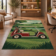 Retro golf cart rug in a home office with wooden shelves