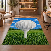 Golf ball on tee rug in a home office with wooden shelves