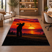 Golfer sunset rug in a home office with wooden shelves