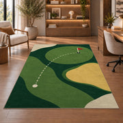 Minimal golf green rug in a home office with wooden shelves