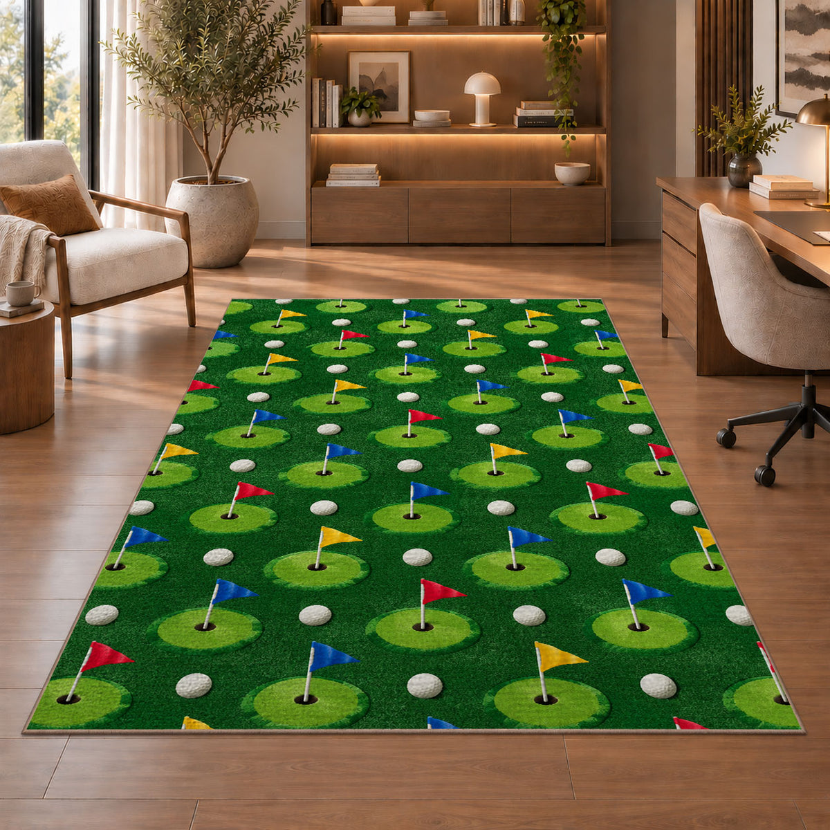 Golf flags pattern rug in a home office with wooden shelves