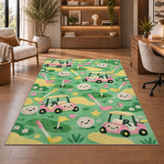Kids golf rug in a home office with wooden shelves