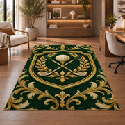 Golf club crest rug in a home office with wooden shelves