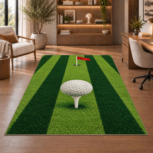 Fairway stripes rug in a home office with wooden shelves