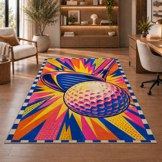 Pop art golf rug in a home office with wooden shelves