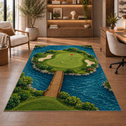Island green rug in a home office with wooden shelves
