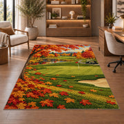 Autumn golf course rug in a home office with wooden shelves
