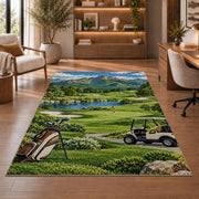Mountain golf course rug in a home office with wooden shelves