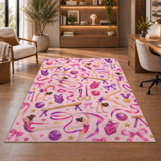 Gymnastics Pattern Rug in a home office with wooden shelves