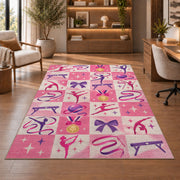 Pink Checkered Gymnastics Rug in a home office with wooden shelves