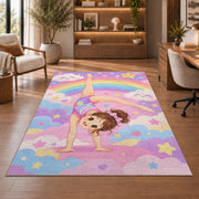 Cute Little Gymnast Rug in a home office with wooden shelves