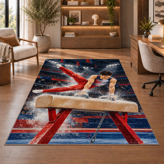 Pommel Horse Gymnastics Rug in a home office with wooden shelves