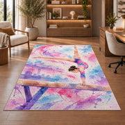 Watercolor Gymnast Rug in a home office with wooden shelves