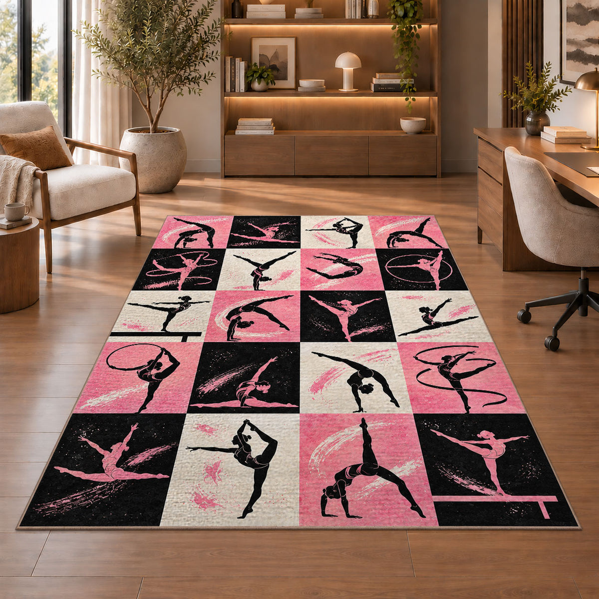 Gymnastics Poses Grid Rug in a home office with wooden shelves