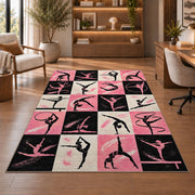 Gymnastics Poses Grid Rug in a home office with wooden shelves