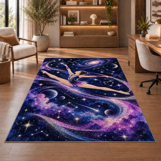 Galaxy Gymnast Rug in a home office with wooden shelves