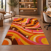 Retro Gymnastics Rug in a home office with wooden shelves