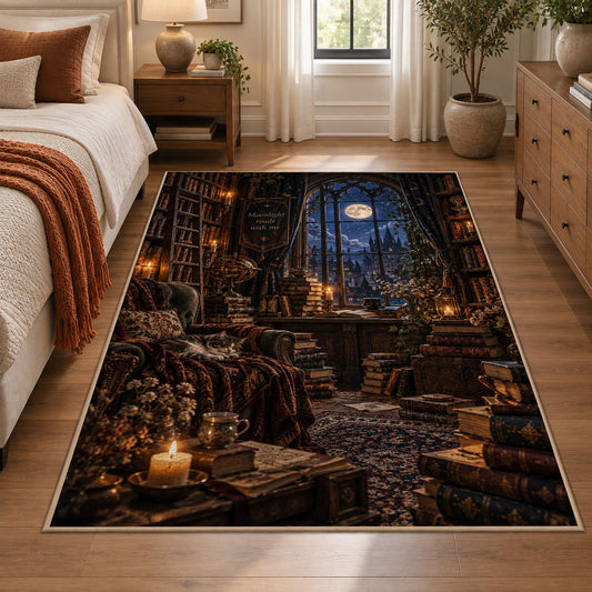 Moonlit Library Reading Nook Area Rug shown in room setting, view 1