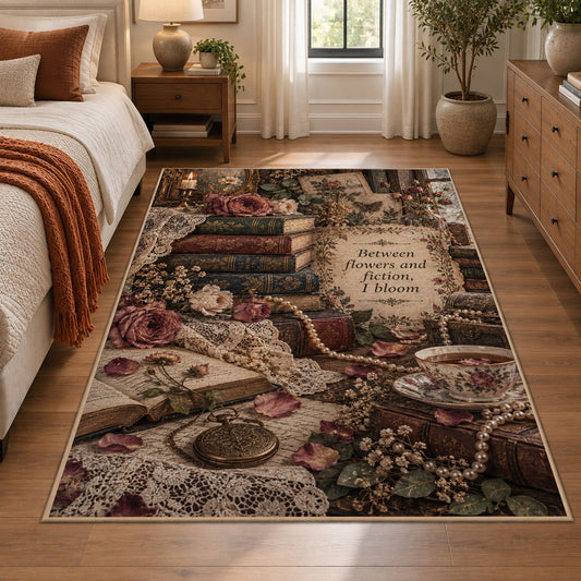 Romantic Floral Books Area Rug shown in room setting, view 1
