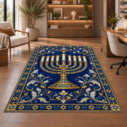 Royal Blue Menorah Rug in a home office with wooden shelves