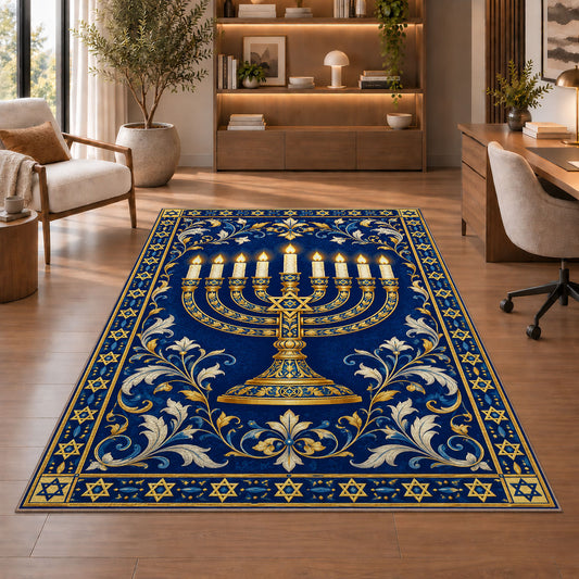 Royal Blue Menorah Rug in a home office with wooden shelves