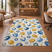 Dreidel and Gelt Pattern Rug in a home office with wooden shelves