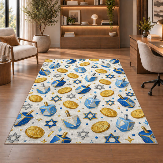Dreidel and Gelt Pattern Rug in a home office with wooden shelves