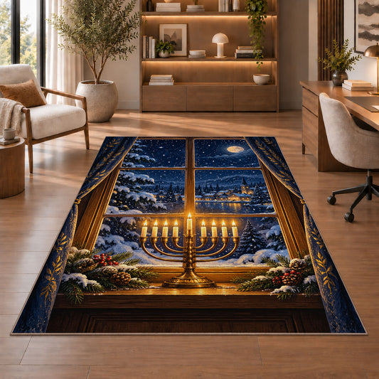 Menorah Window Rug in a home office with wooden shelves
