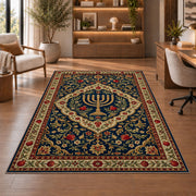 Persian Style Menorah Rug in a home office with wooden shelves