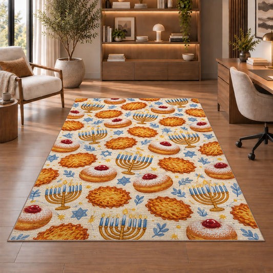 Sufganiyot and Latke Rug in a home office with wooden shelves