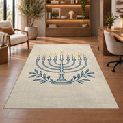 Minimalist Menorah Line Art Rug in a home office with wooden shelves