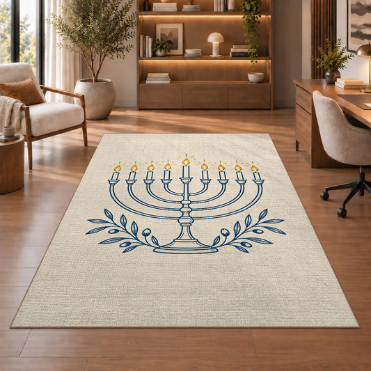Minimalist Menorah Line Art Rug in a home office with wooden shelves