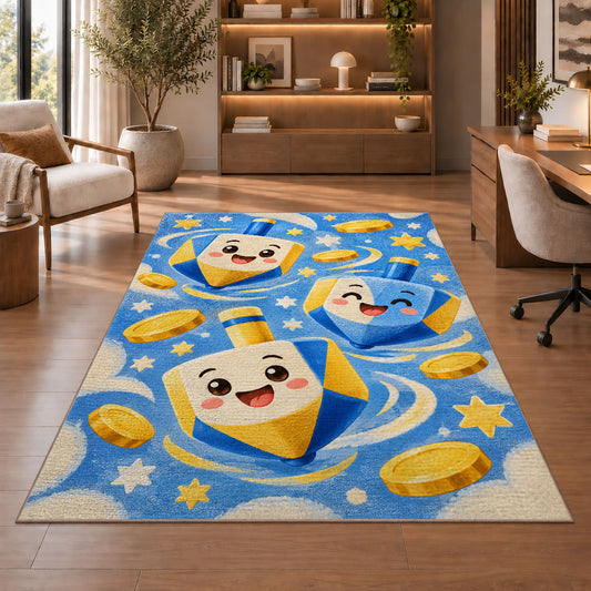 Cute Dreidel Kids Rug in a home office with wooden shelves